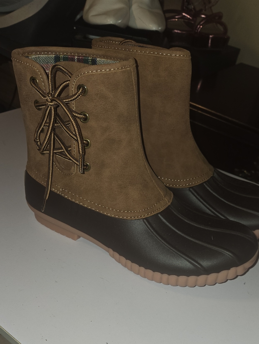 Women’s Brown Waterproof Winter Duck Boots with Lace-Up Detail